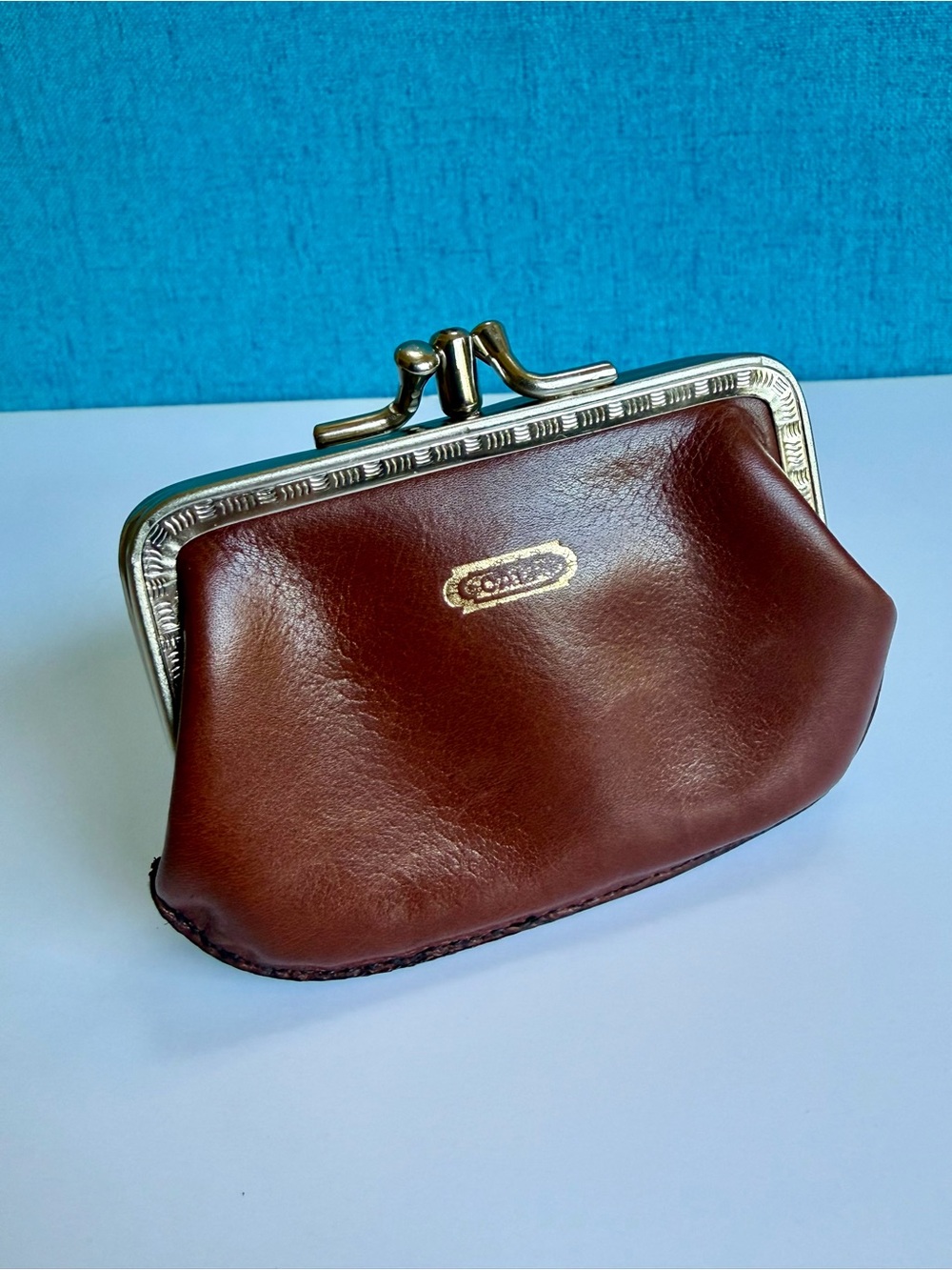 Rare Double Kiss Lock Calf Leather Coin Purse in Brown with Silver Frame